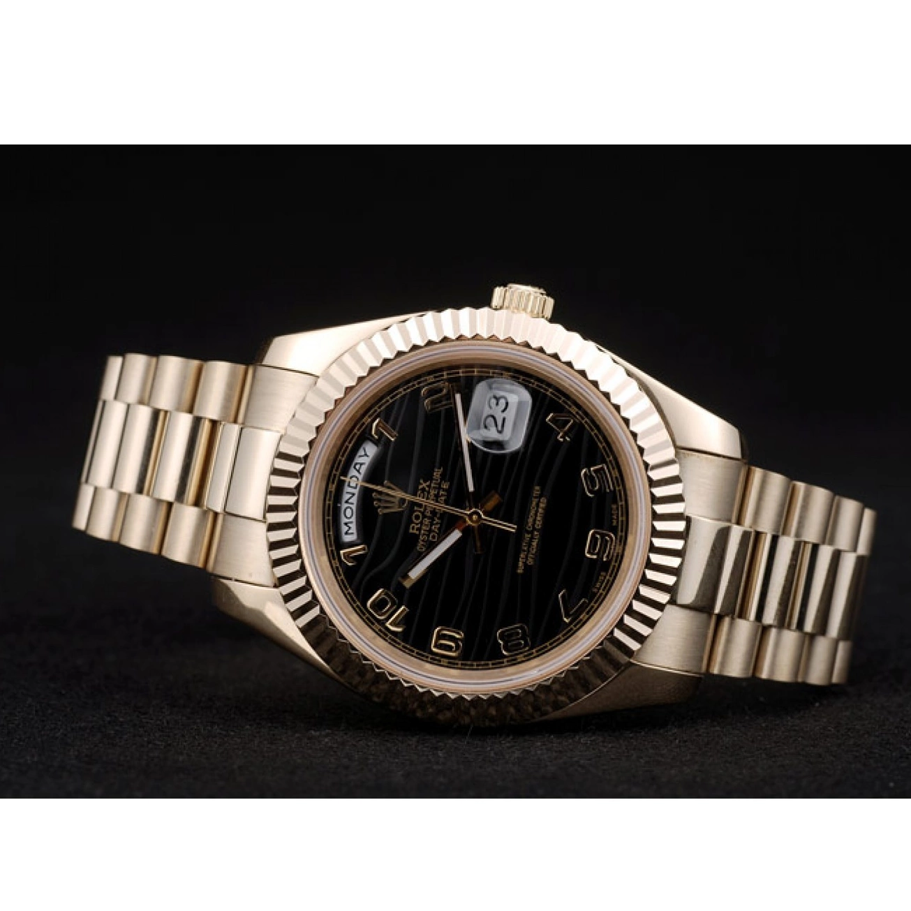Aaa replica watch Stainless Black Steel DayDate Dial Strap Rolex 41980 Gold Patterned 0722